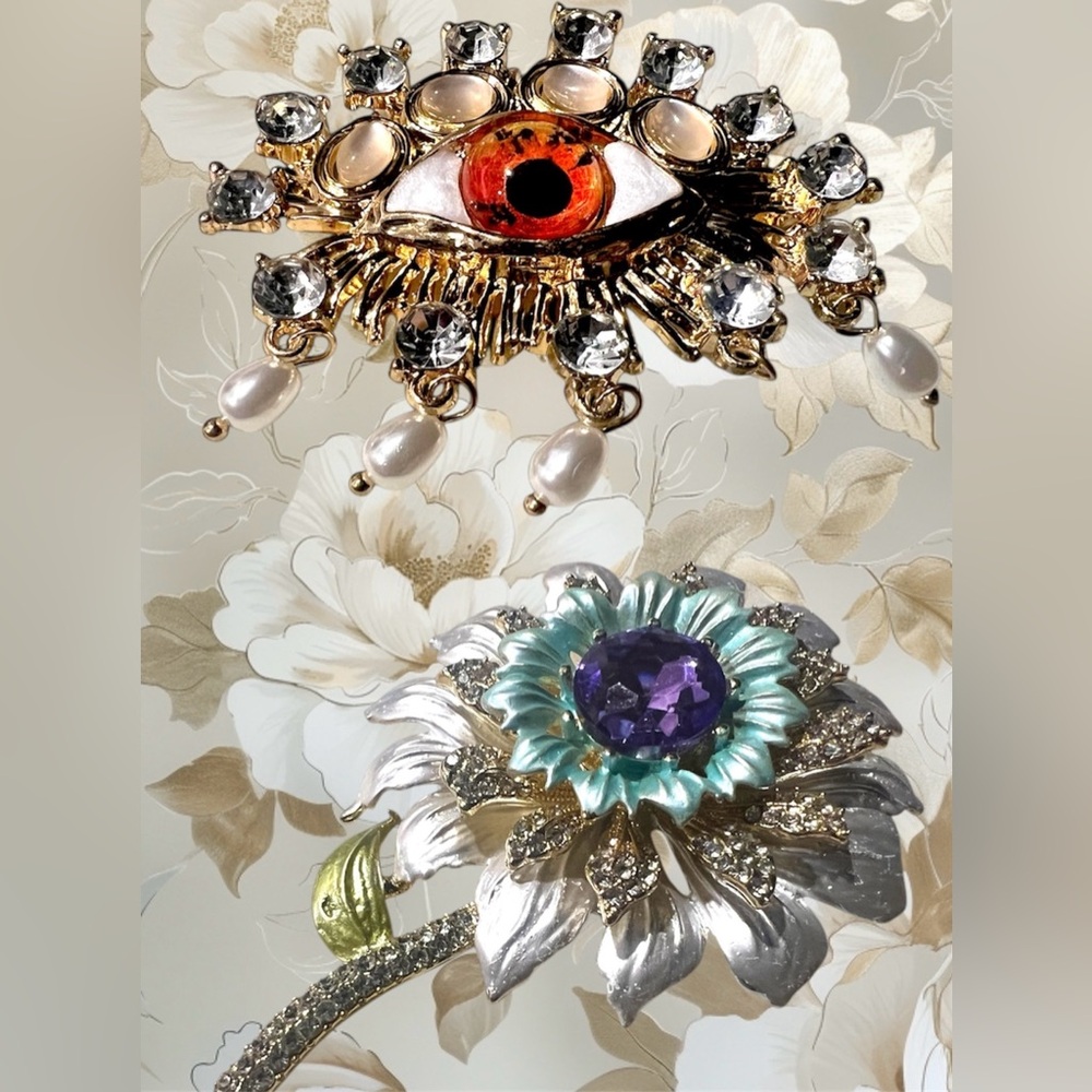 Gold and Silver Eye and Flower Brooch Set